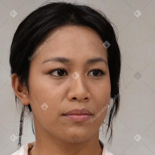 Neutral asian young-adult female with medium  brown hair and brown eyes