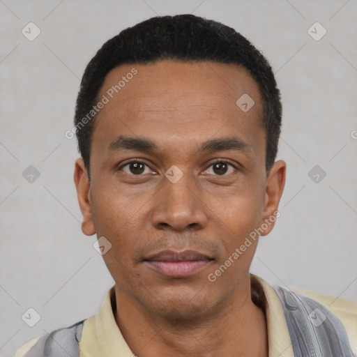 Neutral latino young-adult male with short  black hair and brown eyes