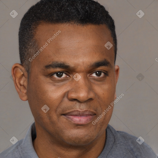 Joyful black adult male with short  black hair and brown eyes