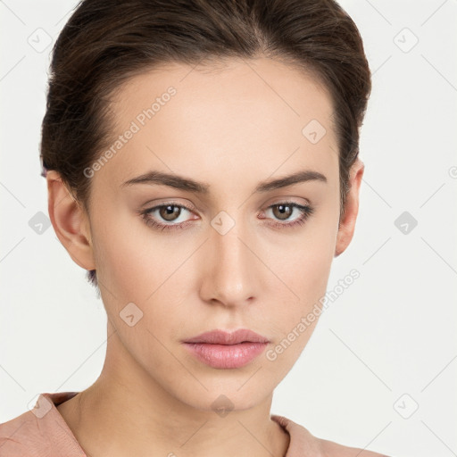 Neutral white young-adult female with short  brown hair and brown eyes