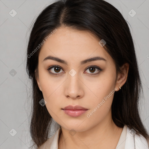 Neutral white young-adult female with long  brown hair and brown eyes