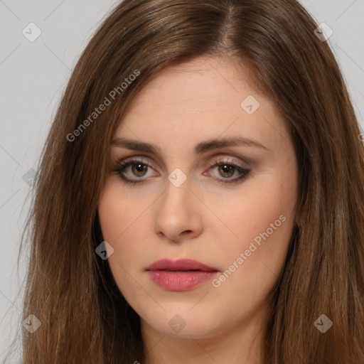 Neutral white young-adult female with long  brown hair and brown eyes