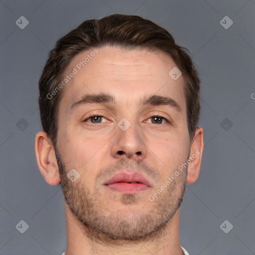 Neutral white adult male with short  brown hair and brown eyes