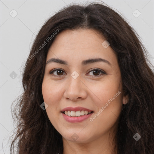 Joyful white young-adult female with long  brown hair and brown eyes