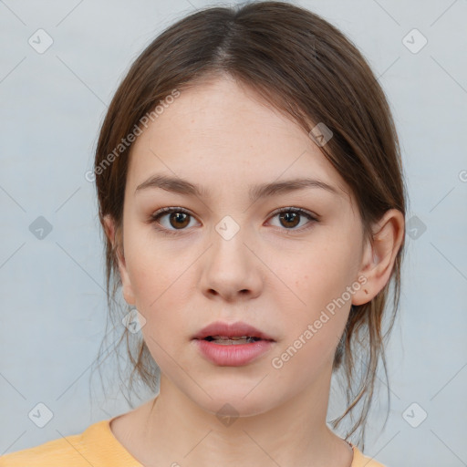 Neutral white young-adult female with medium  brown hair and brown eyes