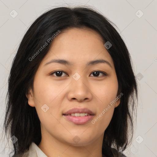 Joyful asian young-adult female with medium  brown hair and brown eyes