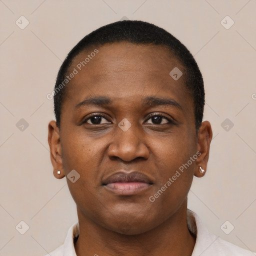 Joyful black young-adult male with short  brown hair and brown eyes