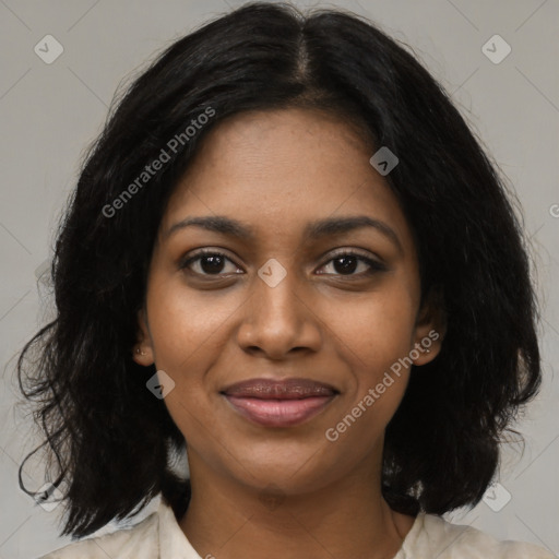 Joyful black young-adult female with medium  black hair and brown eyes