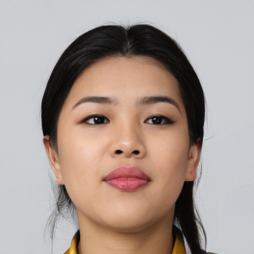 Neutral asian young-adult female with long  brown hair and brown eyes