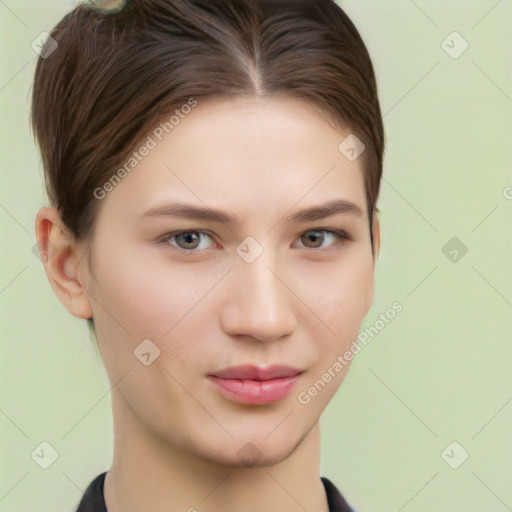 Neutral white young-adult female with short  brown hair and brown eyes