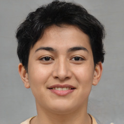 Joyful asian young-adult female with short  brown hair and brown eyes