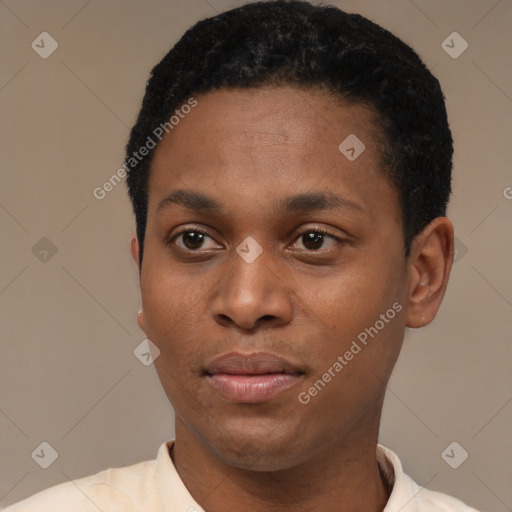 Neutral black young-adult male with short  black hair and brown eyes