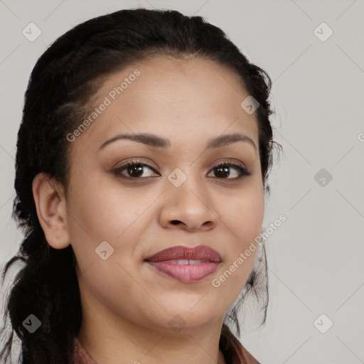 Joyful white young-adult female with long  black hair and brown eyes