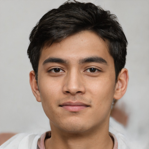 Neutral asian young-adult male with short  black hair and brown eyes