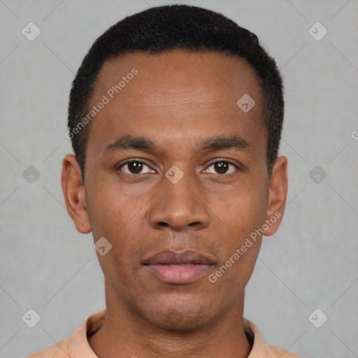 Neutral latino young-adult male with short  black hair and brown eyes