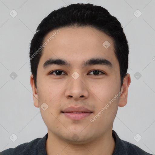 Neutral asian young-adult male with short  black hair and brown eyes