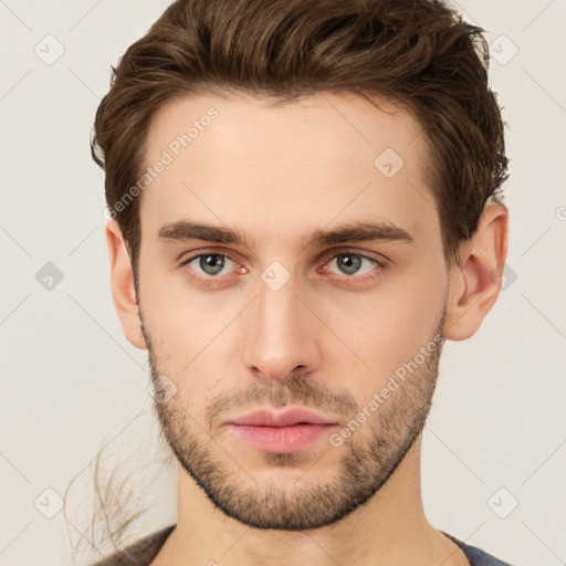 Neutral white young-adult male with short  brown hair and brown eyes