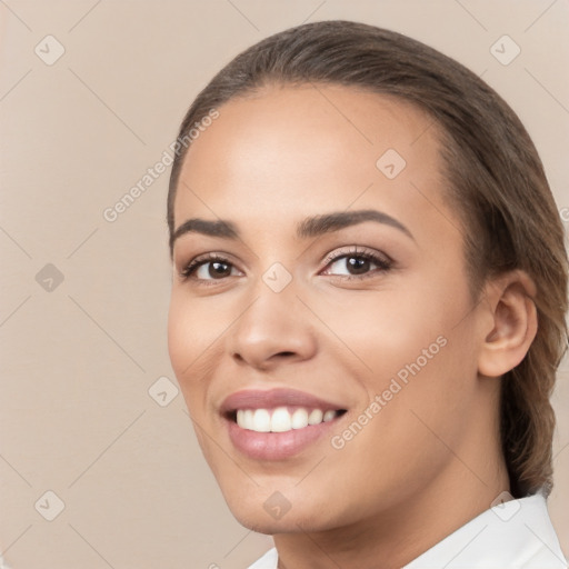 Joyful white young-adult female with medium  brown hair and brown eyes