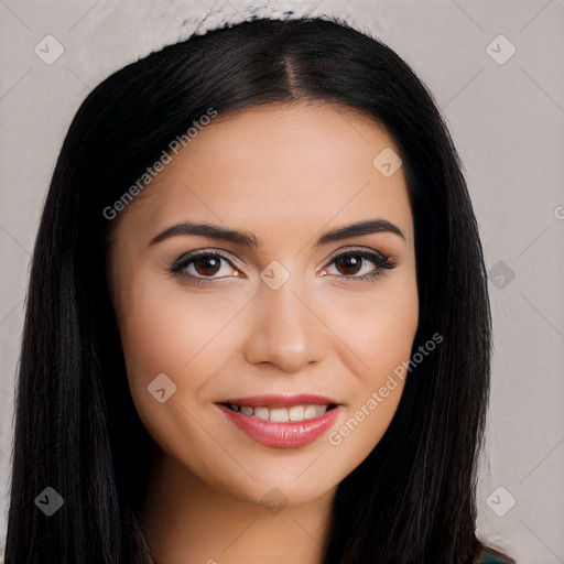 Joyful white young-adult female with long  black hair and brown eyes