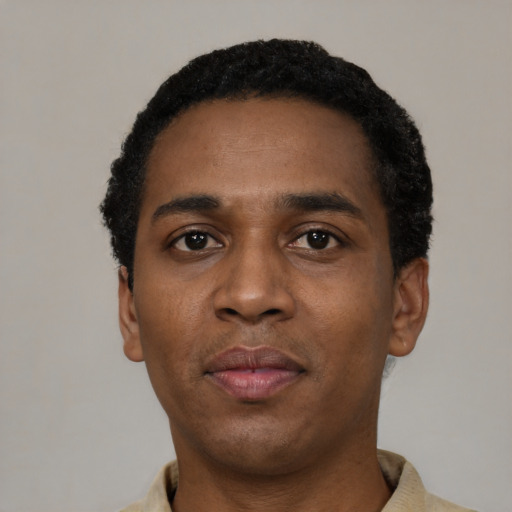 Neutral black young-adult male with short  black hair and brown eyes