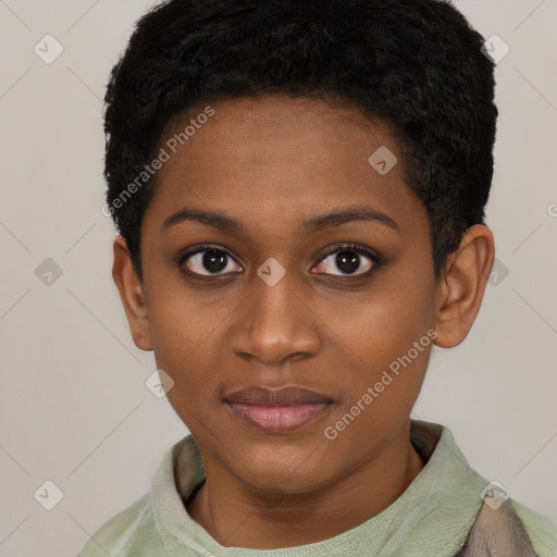 Joyful black young-adult female with short  brown hair and brown eyes