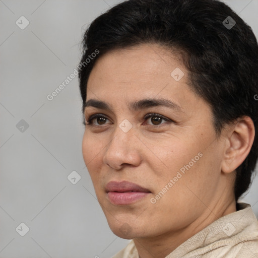 Joyful white adult female with short  brown hair and brown eyes