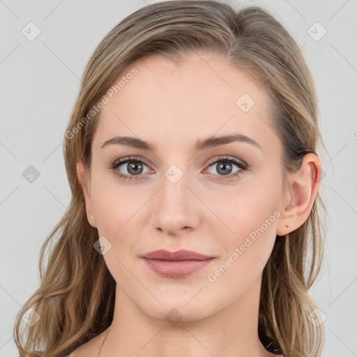 Joyful white young-adult female with medium  brown hair and blue eyes