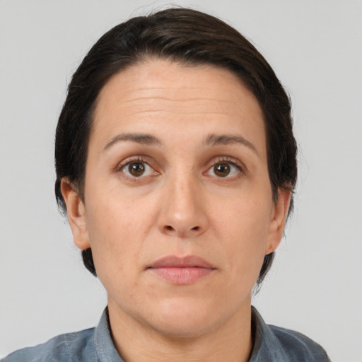 Neutral white adult female with short  brown hair and brown eyes