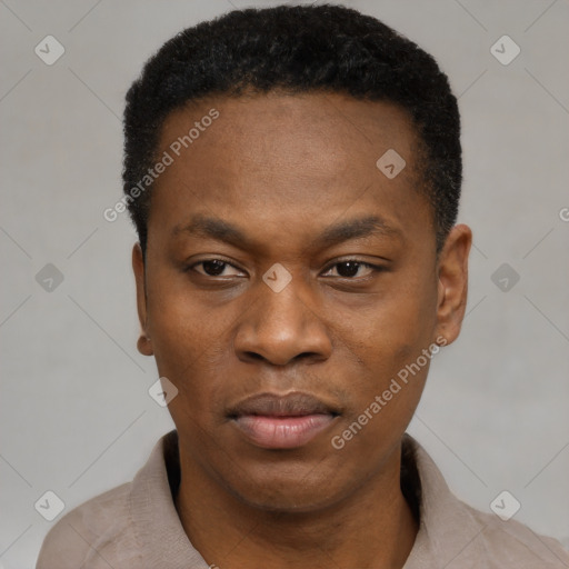 Neutral black young-adult male with short  black hair and brown eyes