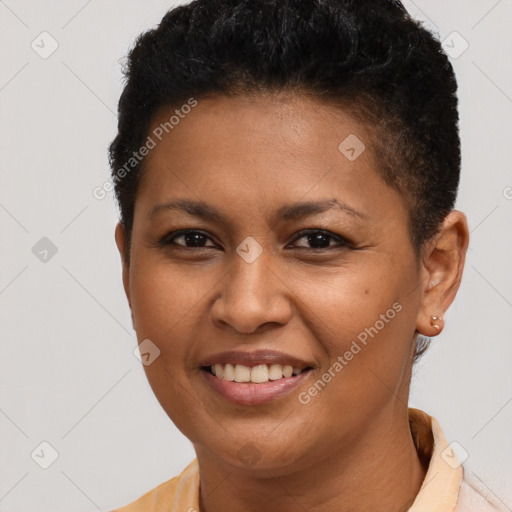 Joyful latino young-adult female with short  brown hair and brown eyes