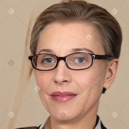 Joyful white adult female with short  brown hair and blue eyes