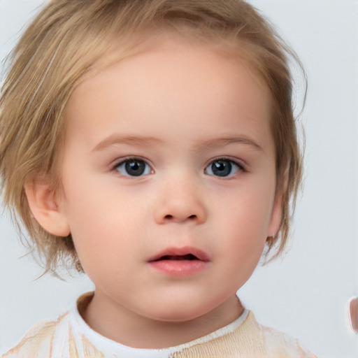 Neutral white child female with medium  brown hair and blue eyes