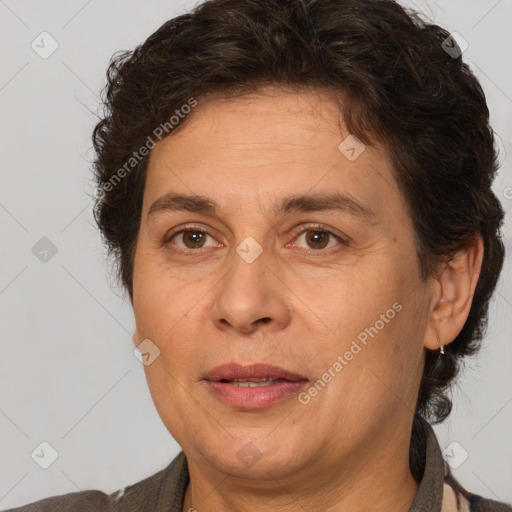 Joyful white adult female with short  brown hair and brown eyes