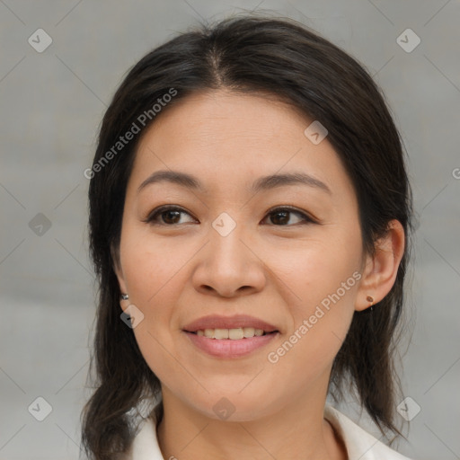 Joyful white young-adult female with medium  brown hair and brown eyes