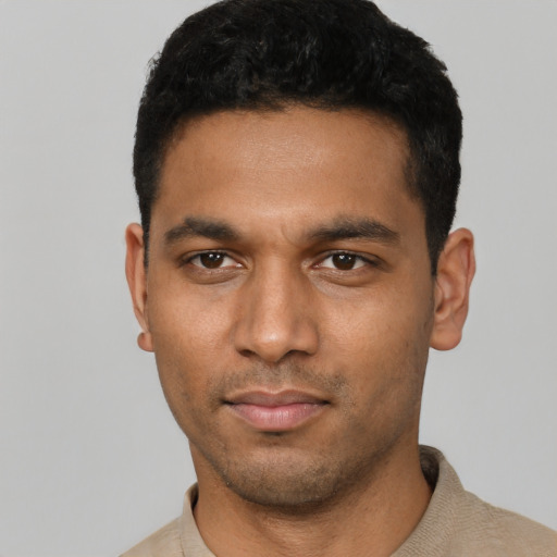 Neutral black young-adult male with short  black hair and brown eyes