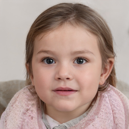 Neutral white child female with medium  brown hair and blue eyes