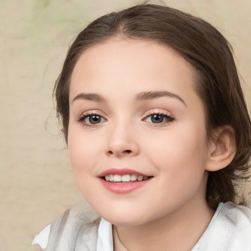 Joyful white child female with medium  brown hair and brown eyes