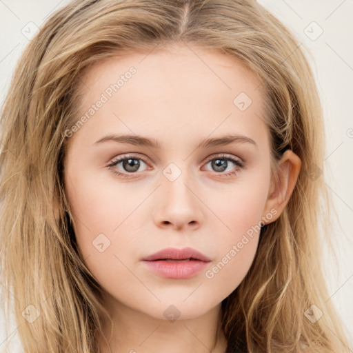 Neutral white young-adult female with long  brown hair and brown eyes