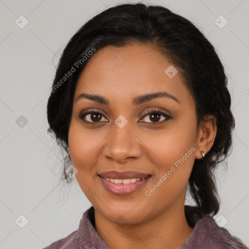 Joyful latino young-adult female with long  black hair and brown eyes