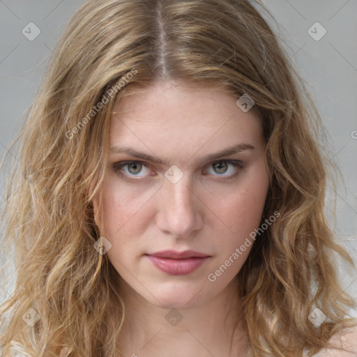 Neutral white young-adult female with medium  brown hair and grey eyes