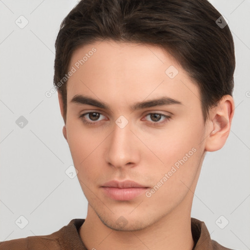 Neutral white young-adult male with short  brown hair and brown eyes