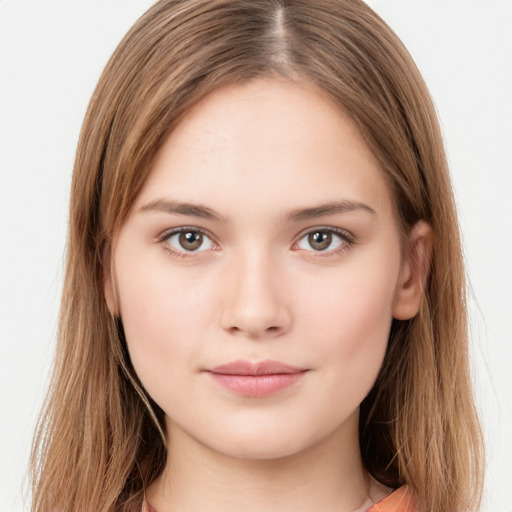 Neutral white young-adult female with long  brown hair and brown eyes