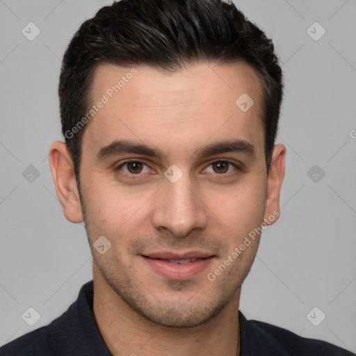 Joyful white young-adult male with short  brown hair and brown eyes