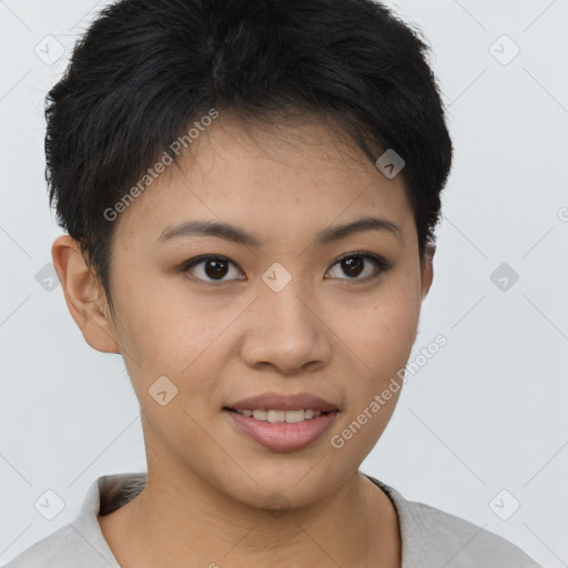 Joyful asian young-adult female with short  brown hair and brown eyes