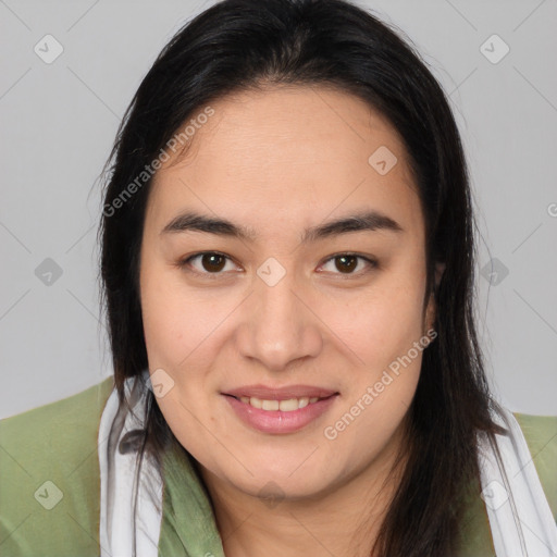 Joyful white young-adult female with medium  brown hair and brown eyes