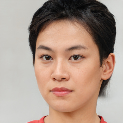 Neutral asian young-adult female with short  brown hair and brown eyes