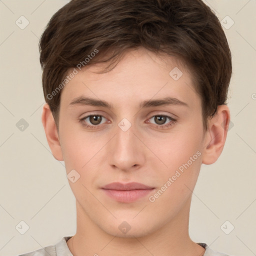 Neutral white young-adult male with short  brown hair and brown eyes