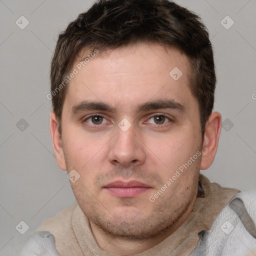 Neutral white young-adult male with short  brown hair and brown eyes