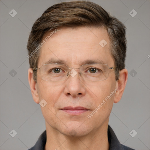 Joyful white adult male with short  brown hair and grey eyes