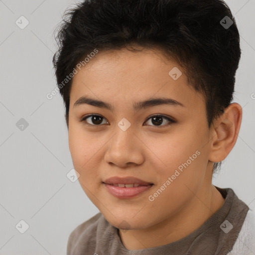 Joyful asian young-adult female with short  brown hair and brown eyes